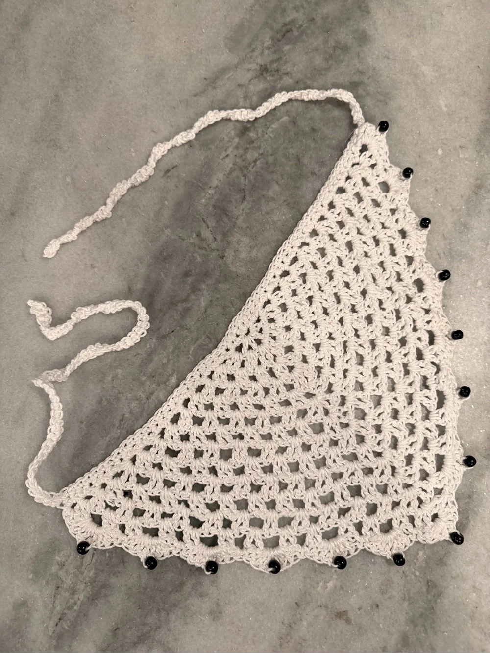 Handmade Crochet Wood Beaded Kerchief Head Scarf Cotton Boho Bandana Cottagecore
